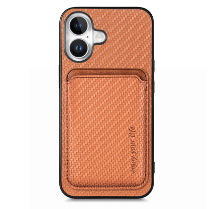 For iPhone 16 Carbon Fiber Leather Card Magsafe Phone Case(Brown) - iPhone 16 Cases by buy2fix | Online Shopping UK | buy2fix