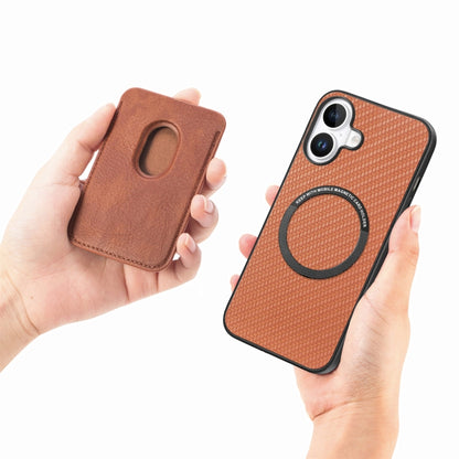 For iPhone 16 Plus Carbon Fiber Leather Card Magsafe Phone Case(Brown) - iPhone 16 Plus Cases by buy2fix | Online Shopping UK | buy2fix