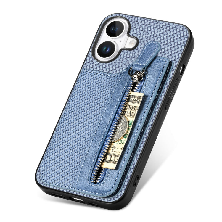 For iPhone 16 Carbon Fiber Horizontal Flip Zipper Wallet Phone Case(Blue) - iPhone 16 Cases by buy2fix | Online Shopping UK | buy2fix