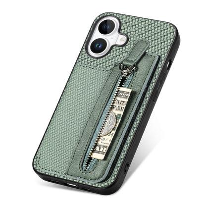 For iPhone 16 Carbon Fiber Horizontal Flip Zipper Wallet Phone Case(Green) - iPhone 16 Cases by buy2fix | Online Shopping UK | buy2fix