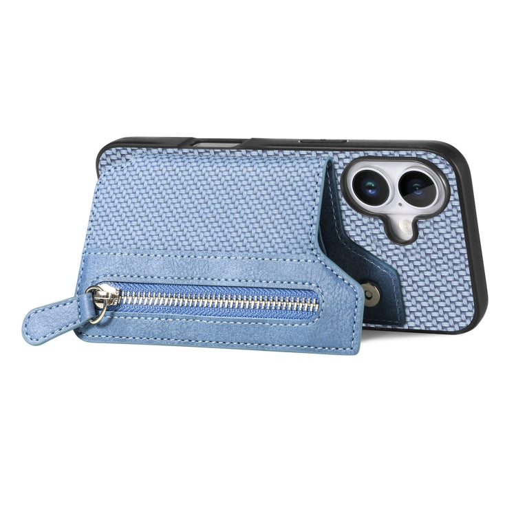 For iPhone 16 Plus Carbon Fiber Horizontal Flip Zipper Wallet Phone Case(Blue) - iPhone 16 Plus Cases by buy2fix | Online Shopping UK | buy2fix