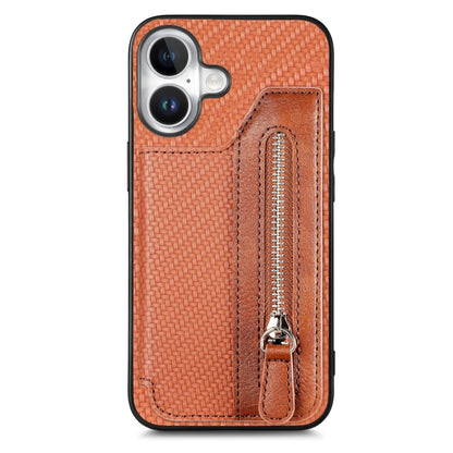 For iPhone 16 Plus Carbon Fiber Horizontal Flip Zipper Wallet Phone Case(Brown) - iPhone 16 Plus Cases by buy2fix | Online Shopping UK | buy2fix