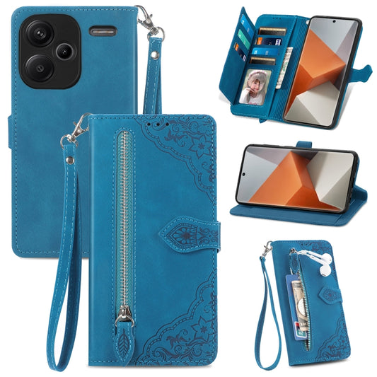 For Xiaomi Redmi Note 13 Pro+ Embossed Flower Zipper Leather Phone Case(Blue) - Note 13 Pro+ Cases by buy2fix | Online Shopping UK | buy2fix