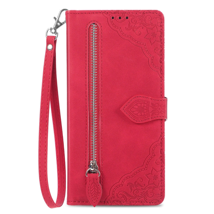 For Xiaomi Redmi K70 Pro Embossed Flower Zipper Leather Phone Case(Red) - K70 Pro Cases by buy2fix | Online Shopping UK | buy2fix