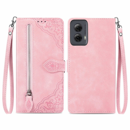 For Motorola Moto G Power 5G 2024 Embossed Flower Zipper Leather Phone Case(Pink) - Motorola Cases by buy2fix | Online Shopping UK | buy2fix