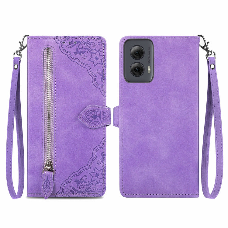 For Motorola Moto G Power 5G 2024 Embossed Flower Zipper Leather Phone Case(Purple) - Motorola Cases by buy2fix | Online Shopping UK | buy2fix