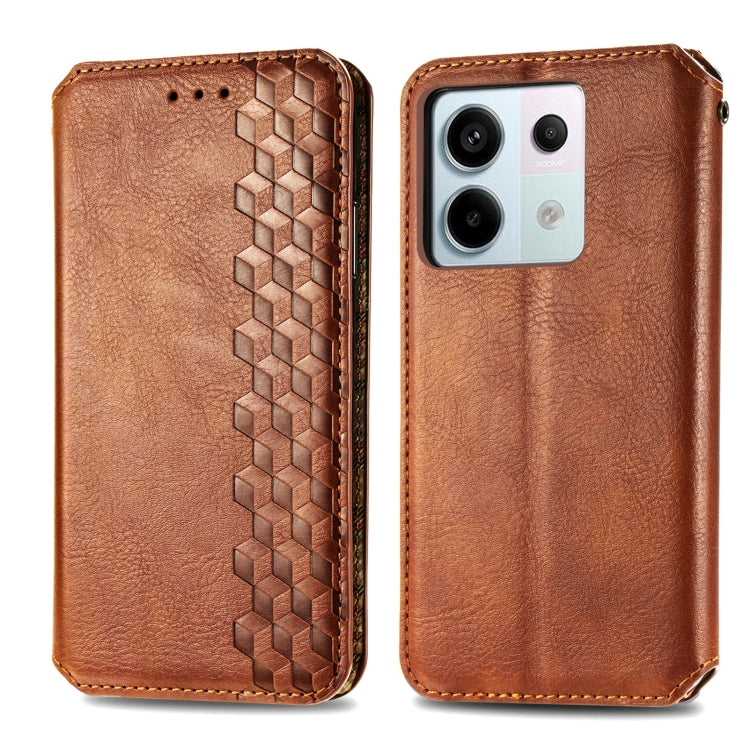 For Xiaomi Redmi Note 13 Pro Cubic Grid Pressed Magnetic Leather Phone Case(Brown) - Note 13 Pro Cases by buy2fix | Online Shopping UK | buy2fix