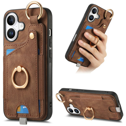 For iPhone 16 Retro Skin-feel Ring Card Bag Phone Case with Hang Loop(Brown) - iPhone 16 Cases by buy2fix | Online Shopping UK | buy2fix