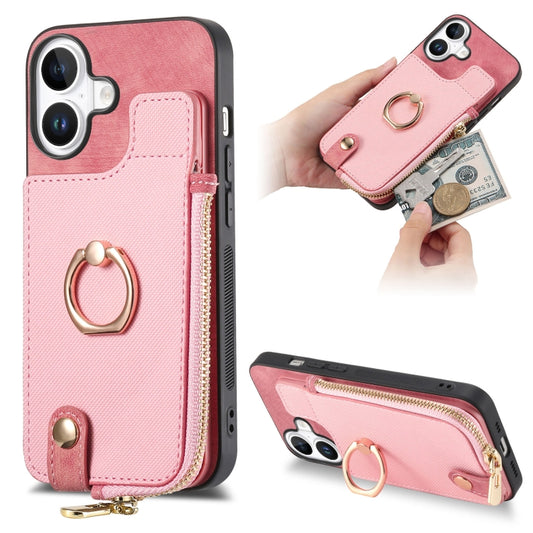 For iPhone 16 Plus Cross Leather Ring Vertical Zipper Wallet Back Phone Case(Pink) - iPhone 16 Plus Cases by buy2fix | Online Shopping UK | buy2fix