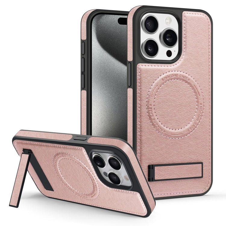 For iPhone 15 Pro Multi-function Holder MagSafe PU Phone Case(Rose Gold) - iPhone 15 Pro Cases by buy2fix | Online Shopping UK | buy2fix