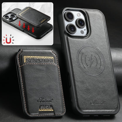 For iPhone 16 Pro Max Suteni H15 MagSafe Oil Eax Leather Detachable Wallet Back Phone Case(Black) - iPhone 16 Pro Max Cases by Suteni | Online Shopping UK | buy2fix