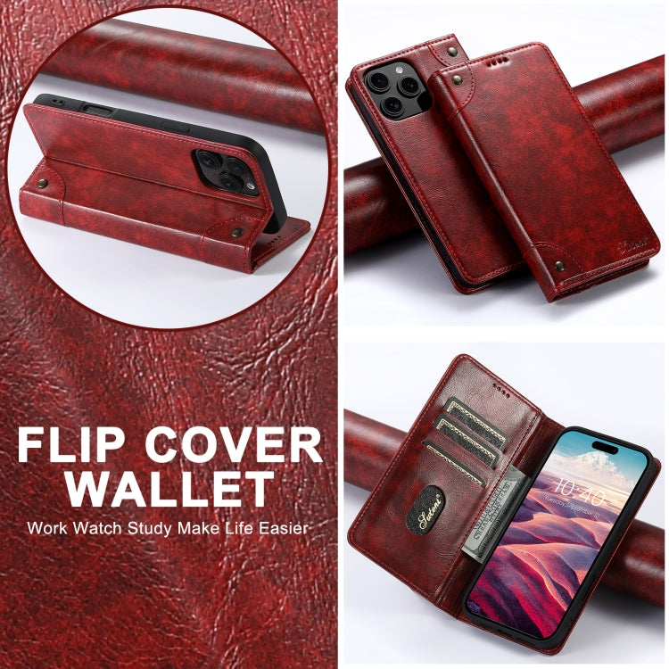 For iPhone 16 Suteni Baroque Calf Texture Buckle Wallet Leather Phone Case(Red) - iPhone 16 Cases by Suteni | Online Shopping UK | buy2fix