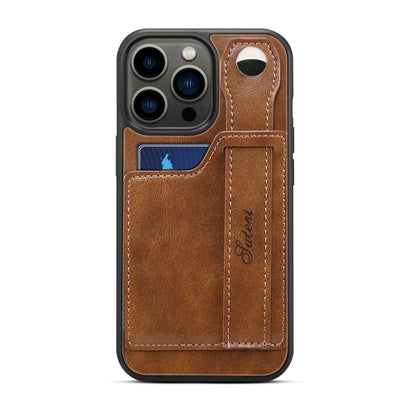 For iPhone 15 Pro Max SUTENI H12 Wrist Strap Leather Back Phone Case with Card Slot(Brown) - iPhone 15 Pro Max Cases by Suteni | Online Shopping UK | buy2fix