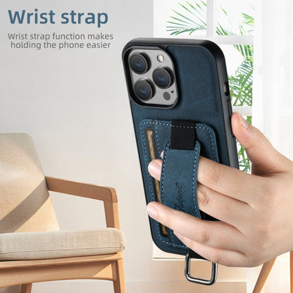 For iPhone 16 Suteni H13 Litchi Leather Wrist Strap Wallet Back Phone Case(Blue) - iPhone 16 Cases by Suteni | Online Shopping UK | buy2fix