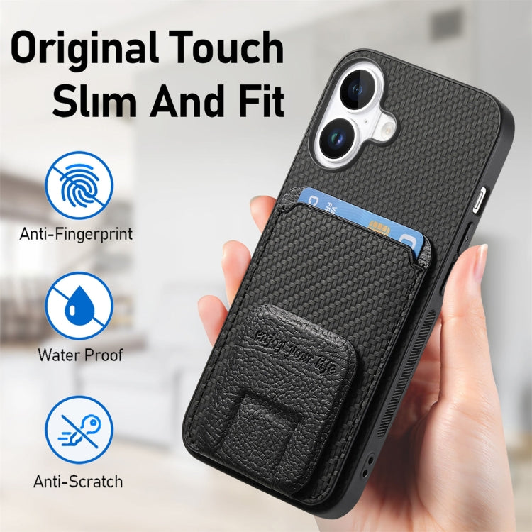 For iPhone 16 Carbon Fiber Card Bag Fold Stand Phone Case(Black) - iPhone 16 Cases by buy2fix | Online Shopping UK | buy2fix