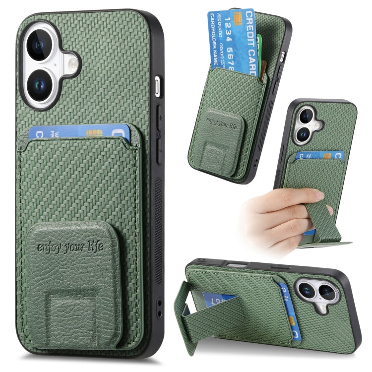 For iPhone 16 Carbon Fiber Card Bag Fold Stand Phone Case(Green) - iPhone 16 Cases by buy2fix | Online Shopping UK | buy2fix