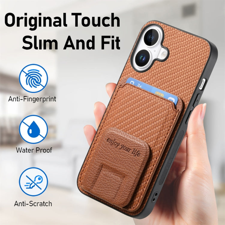 For iPhone 16 Plus Carbon Fiber Card Bag Fold Stand Phone Case(Brown) - iPhone 16 Plus Cases by buy2fix | Online Shopping UK | buy2fix