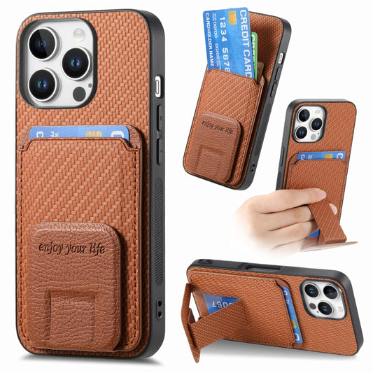 For iPhone 16 Pro Carbon Fiber Card Bag Fold Stand Phone Case(Brown) - iPhone 16 Pro Cases by buy2fix | Online Shopping UK | buy2fix