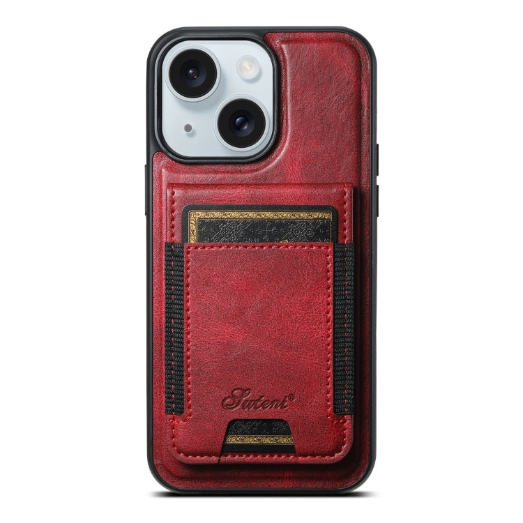 For iPhone 15 Plus Suteni H17 Oil Eax Leather MagSafe Detachable Wallet Phone Case(Red) - iPhone 15 Plus Cases by Suteni | Online Shopping UK | buy2fix