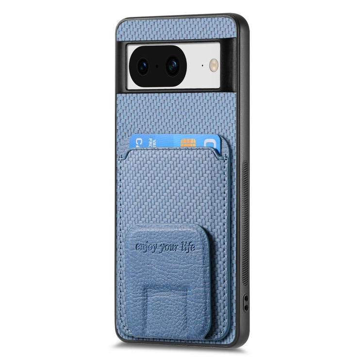 For Google Pixel 6a Carbon Fiber Card Bag Fold Stand Phone Case(Blue) - Google Cases by buy2fix | Online Shopping UK | buy2fix