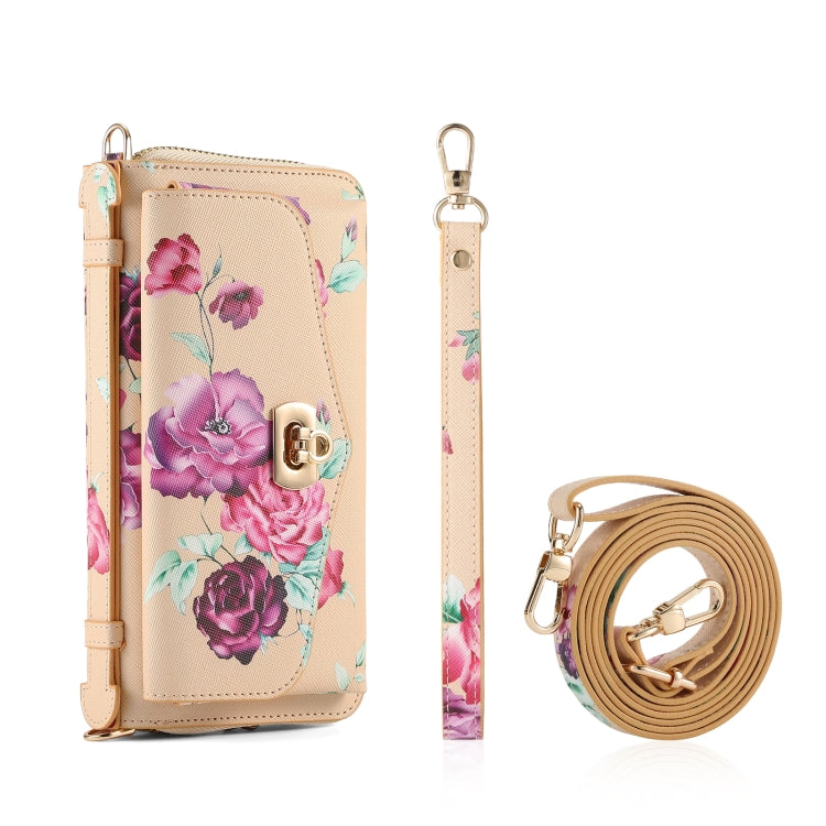 For iPhone 15 Pro MagSafe Flower Multi-functional Crossbody Zipper Wallet Leather Phone Case(Yellow) - iPhone 15 Pro Cases by buy2fix | Online Shopping UK | buy2fix