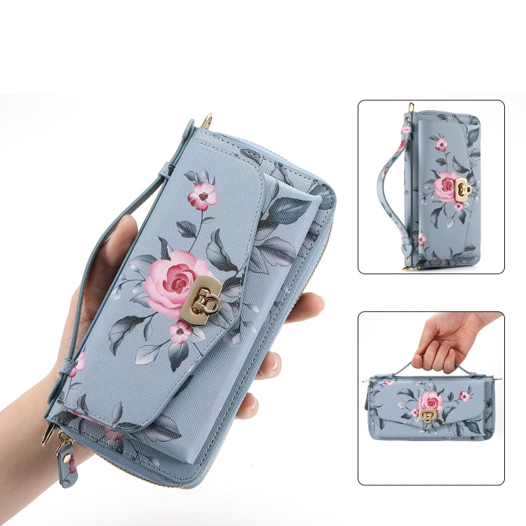 For iPhone 14 Plus MagSafe Flower Multi-functional Crossbody Zipper Wallet Leather Phone Case(Blue) - iPhone 14 Plus Cases by buy2fix | Online Shopping UK | buy2fix