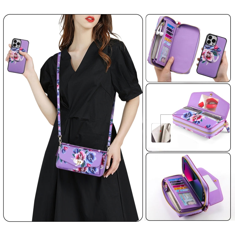 For iPhone 13 Pro MagSafe Flower Multi-functional Crossbody Zipper Wallet Leather Phone Case(Purple) - iPhone 13 Pro Cases by buy2fix | Online Shopping UK | buy2fix