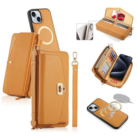 For iPhone 15 Plus MagSafe Crossbody Multi-functional Zipper Wallet Litchi Leather Phone Case(Orange) - iPhone 15 Plus Cases by buy2fix | Online Shopping UK | buy2fix