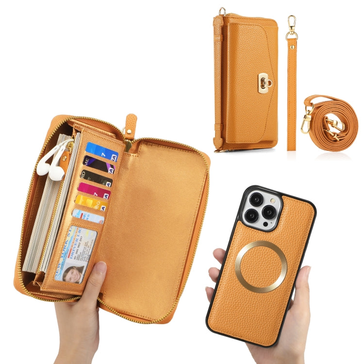 For iPhone 13 Pro Max MagSafe Crossbody Multi-functional Zipper Wallet Litchi Leather Phone Case(Orange) - More iPhone Cases by buy2fix | Online Shopping UK | buy2fix