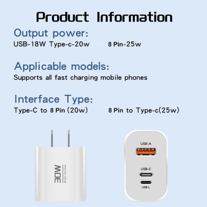 PD30W USB-C / Type-C + 8 Pin + USB Charger with Type-C to 8 Pin Date Cable(EU Plug) - USB Charger by buy2fix | Online Shopping UK | buy2fix