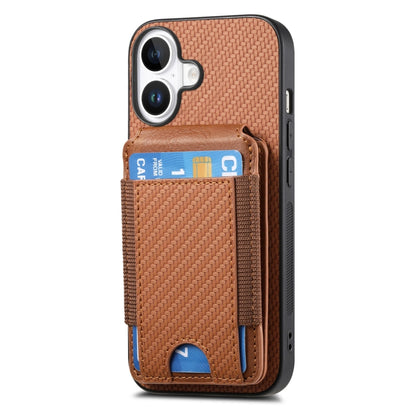 For iPhone 16 Carbon Fiber Vertical Flip Wallet Stand Phone Case(Brown) - iPhone 16 Cases by buy2fix | Online Shopping UK | buy2fix