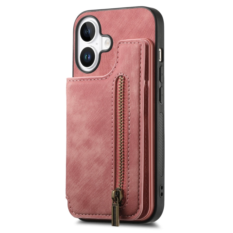 For iPhone 16 Retro Leather Zipper Wallet Back Phone Case(Pink) - More iPhone Cases by buy2fix | Online Shopping UK | buy2fix