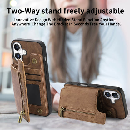 For iPhone 16 Retro Leather Zipper Wallet Back Phone Case(Brown) - More iPhone Cases by buy2fix | Online Shopping UK | buy2fix