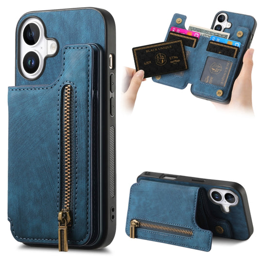 For iPhone 16 Retro Leather Zipper Wallet Back Phone Case(Blue) - More iPhone Cases by buy2fix | Online Shopping UK | buy2fix