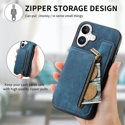 For iPhone 16 Retro Leather Zipper Wallet Back Phone Case(Blue) - More iPhone Cases by buy2fix | Online Shopping UK | buy2fix