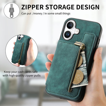 For iPhone 16 Retro Leather Zipper Wallet Back Phone Case(Green) - More iPhone Cases by buy2fix | Online Shopping UK | buy2fix