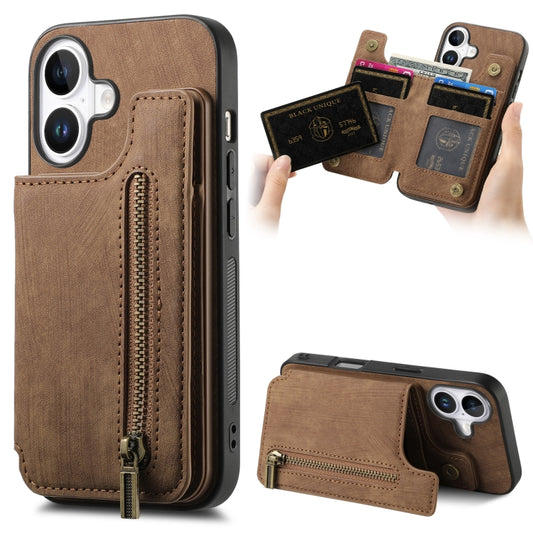 For iPhone 16 Plus Retro Leather Zipper Wallet Back Phone Case(Brown) - More iPhone Cases by buy2fix | Online Shopping UK | buy2fix