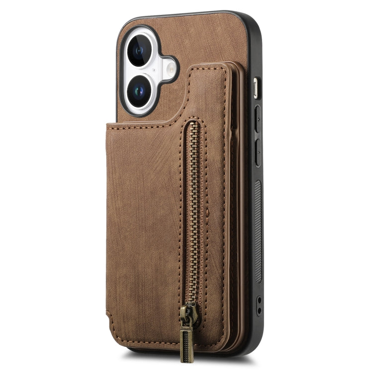 For iPhone 16 Plus Retro Leather Zipper Wallet Back Phone Case(Brown) - More iPhone Cases by buy2fix | Online Shopping UK | buy2fix