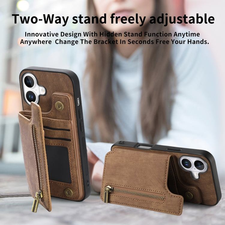 For iPhone 16 Plus Retro Leather Zipper Wallet Back Phone Case(Brown) - More iPhone Cases by buy2fix | Online Shopping UK | buy2fix