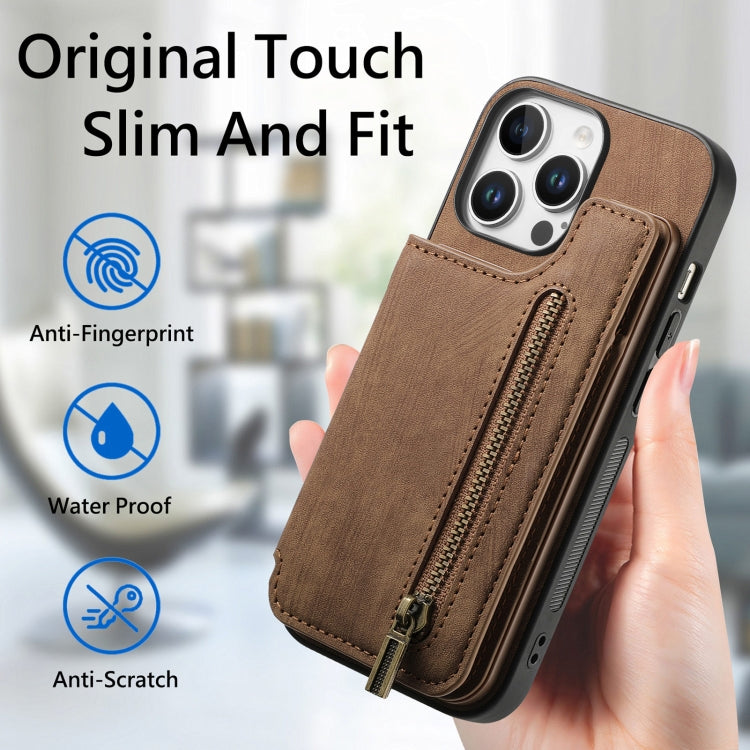 For iPhone 16 Pro Retro Leather Zipper Wallet Back Phone Case(Brown) - More iPhone Cases by buy2fix | Online Shopping UK | buy2fix