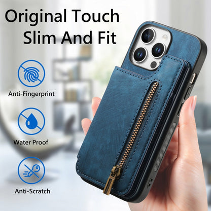 For iPhone 16 Pro Retro Leather Zipper Wallet Back Phone Case(Blue) - More iPhone Cases by buy2fix | Online Shopping UK | buy2fix