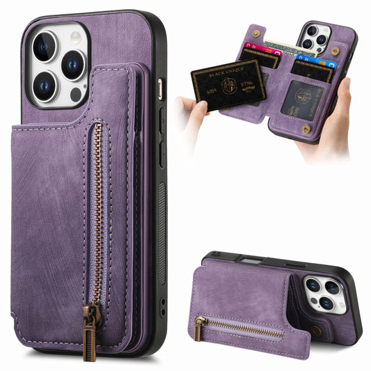 For iPhone 16 Pro Max Retro Leather Zipper Wallet Back Phone Case(Purple) - More iPhone Cases by buy2fix | Online Shopping UK | buy2fix