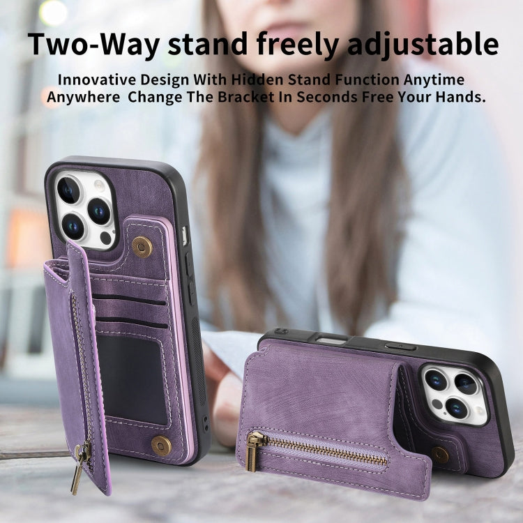 For iPhone 16 Pro Max Retro Leather Zipper Wallet Back Phone Case(Purple) - More iPhone Cases by buy2fix | Online Shopping UK | buy2fix