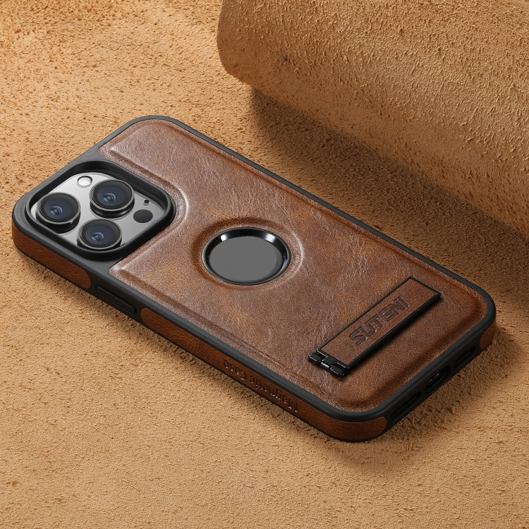 For iPhone 15 Suteni G2 Magsafe Oil Wax Leather Back Phone Case with Holder(Brown) - iPhone 15 Cases by Suteni | Online Shopping UK | buy2fix