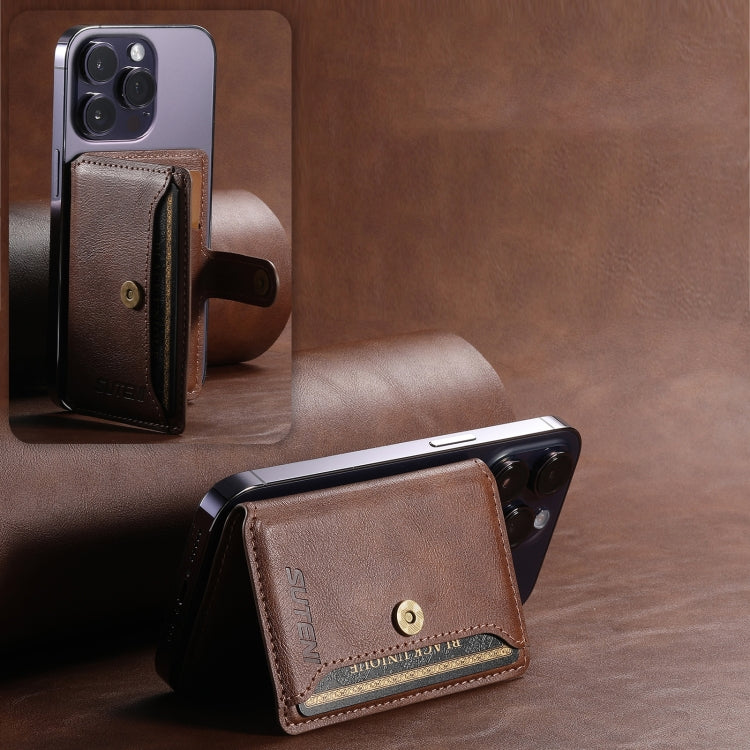 Suteni S2 Phone Magnetic Card Case Card Sleeve MagSafe Magnetic Coil PU Leather(Brown) - Adhesive Card Holders by Suteni | Online Shopping UK | buy2fix