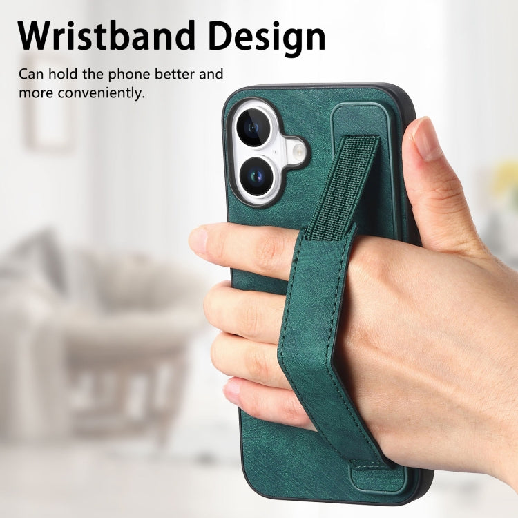 For iPhone 16 Plus Retro Wristband Holder Leather Back Phone Case(Green) - iPhone 16 Plus Cases by buy2fix | Online Shopping UK | buy2fix