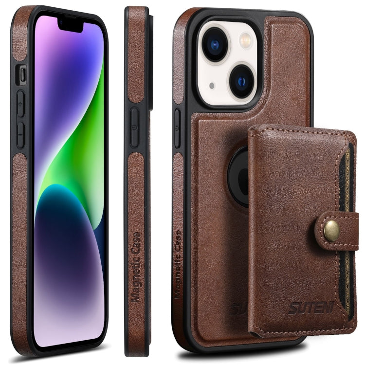 For iPhone 14 Suteni M1 Oil Wax MagSafe Detachable Horizontal Card Bag Phone Case(Brown) - iPhone 14 Cases by Suteni | Online Shopping UK | buy2fix