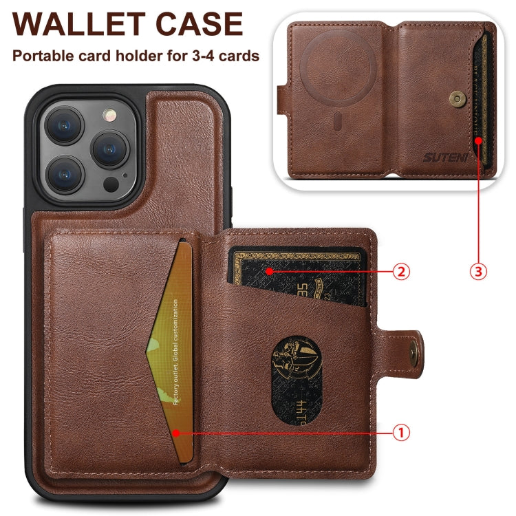 For iPhone 14 Suteni M1 Oil Wax MagSafe Detachable Horizontal Card Bag Phone Case(Brown) - iPhone 14 Cases by Suteni | Online Shopping UK | buy2fix