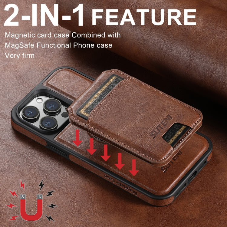 For iPhone 16 Plus Suteni M2 Oil Wax MagSafe Horizontal Card Bag Phone Case(Brown) - iPhone 16 Plus Cases by Suteni | Online Shopping UK | buy2fix