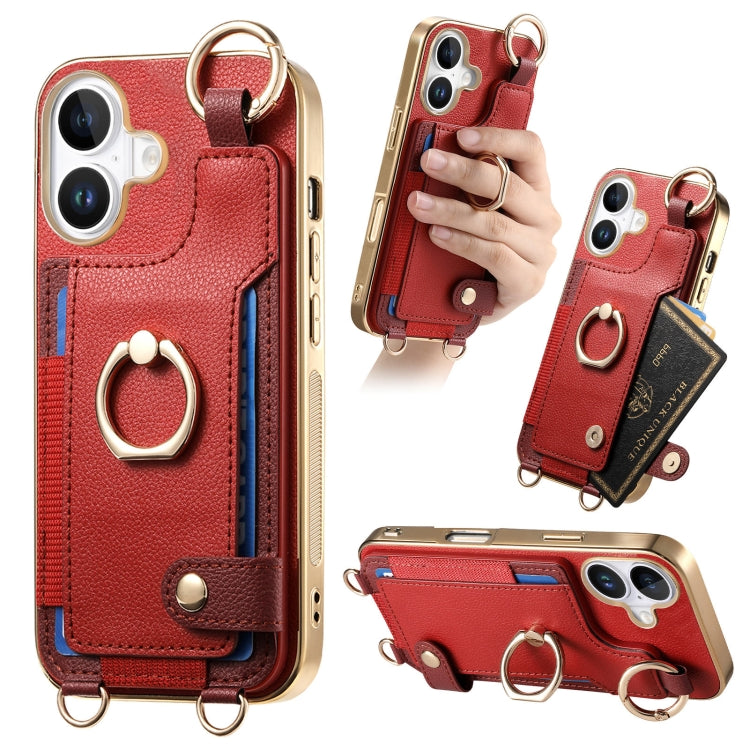 For iPhone 16 Fashion Ring Card Bag Phone Case with Hang Loop(Red) - iPhone 16 Cases by buy2fix | Online Shopping UK | buy2fix